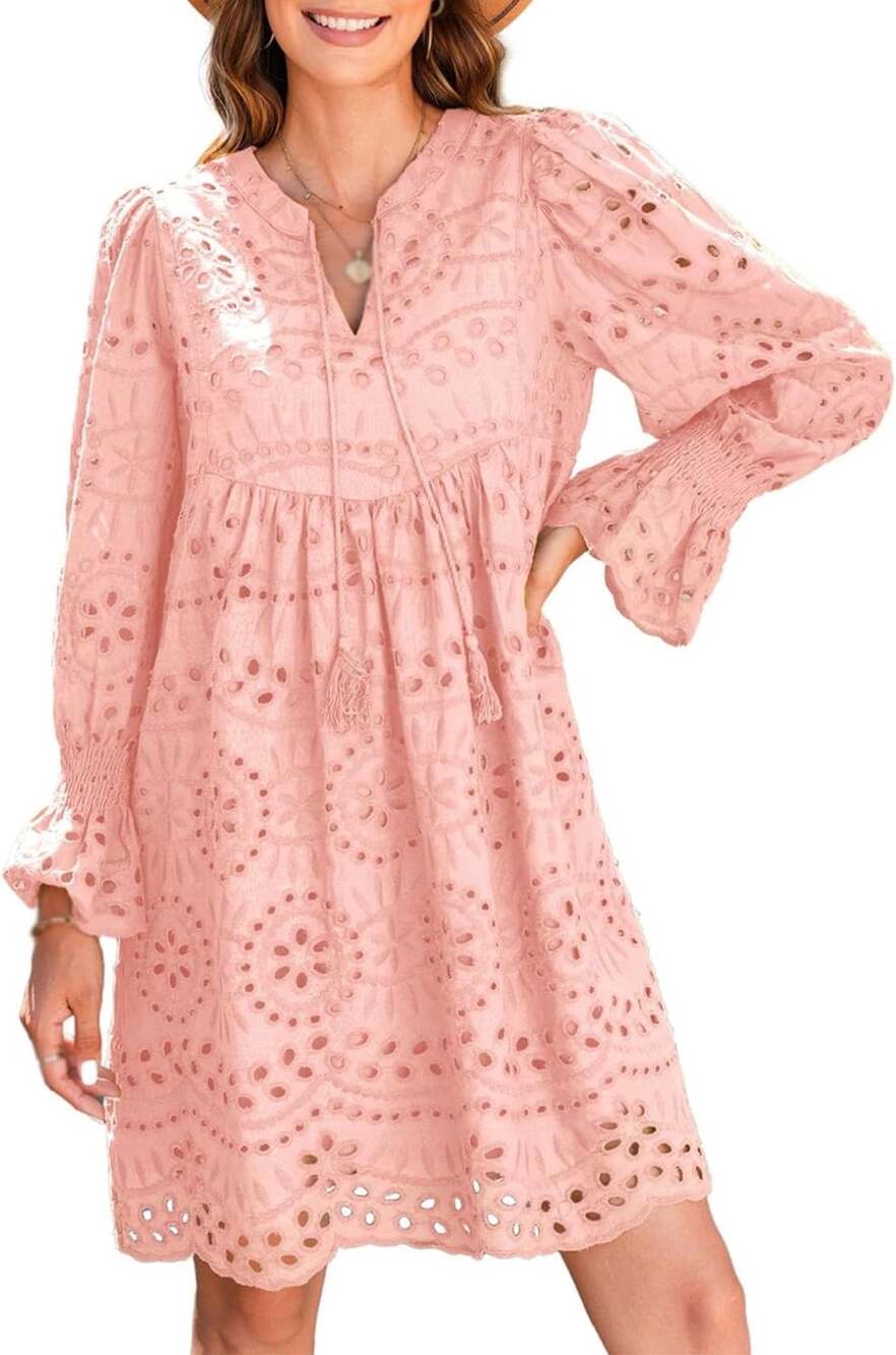 Boho Pink Eyelet Babydoll Dress Size Medium Hollow Out Embroidery Cotton Lined